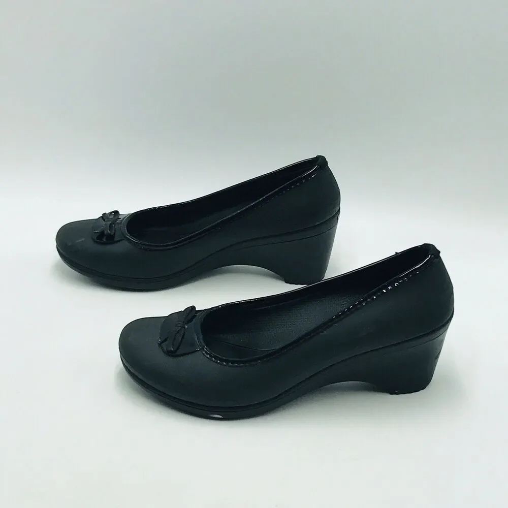 Crocs Women's 9 Lena Wedges Sandals Rubber Black Bow Comfort Career Office